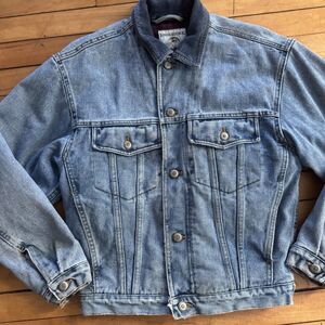 Vintage Banana Republic Denim Jacket red Fleece plaid lined Faded Jean Blue 90s